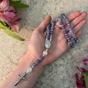 Handmade Catholic Rosary | Silver, Purple Angelite, White Jade | Gemstone, Cord